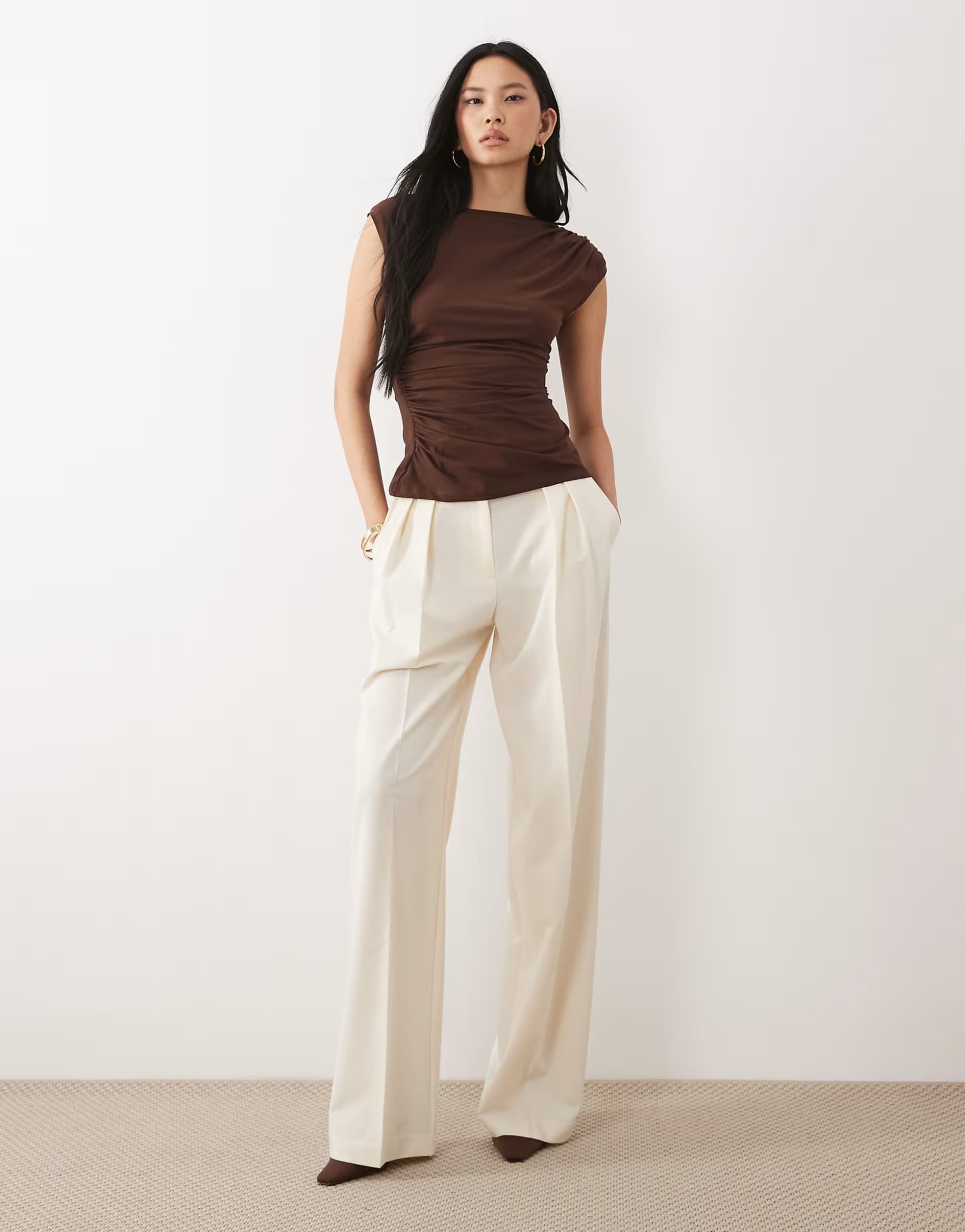 ASOS ASOS Cream Satin Wide Leg Trousers With Pleat Detail