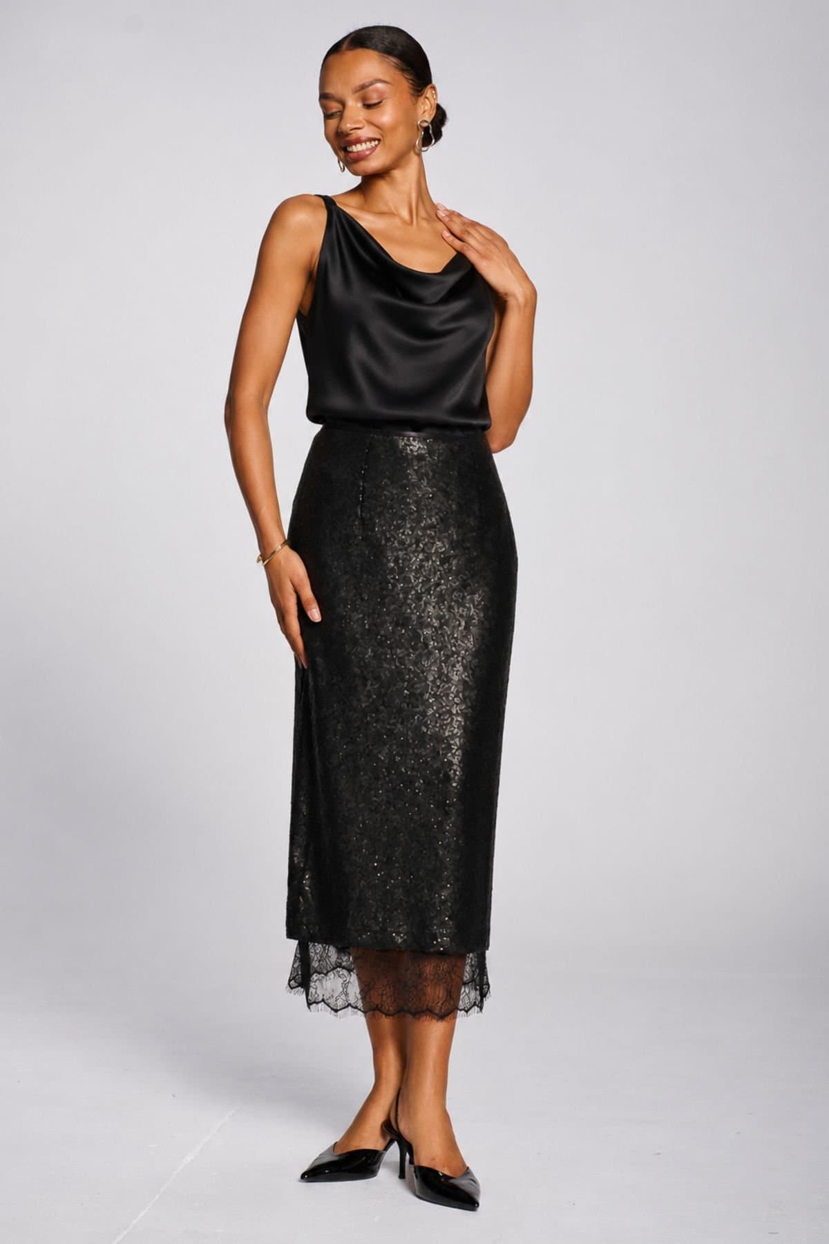 Jolie Moi Jolie Moi Women's Lace Trim Sequin Pencil Midi Skirt in Black