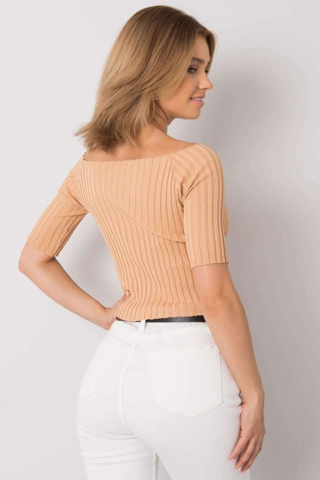 Love Lace Love Lace Women's Ribbed Acrylic Boat Neck Blouse in Camel - 3
