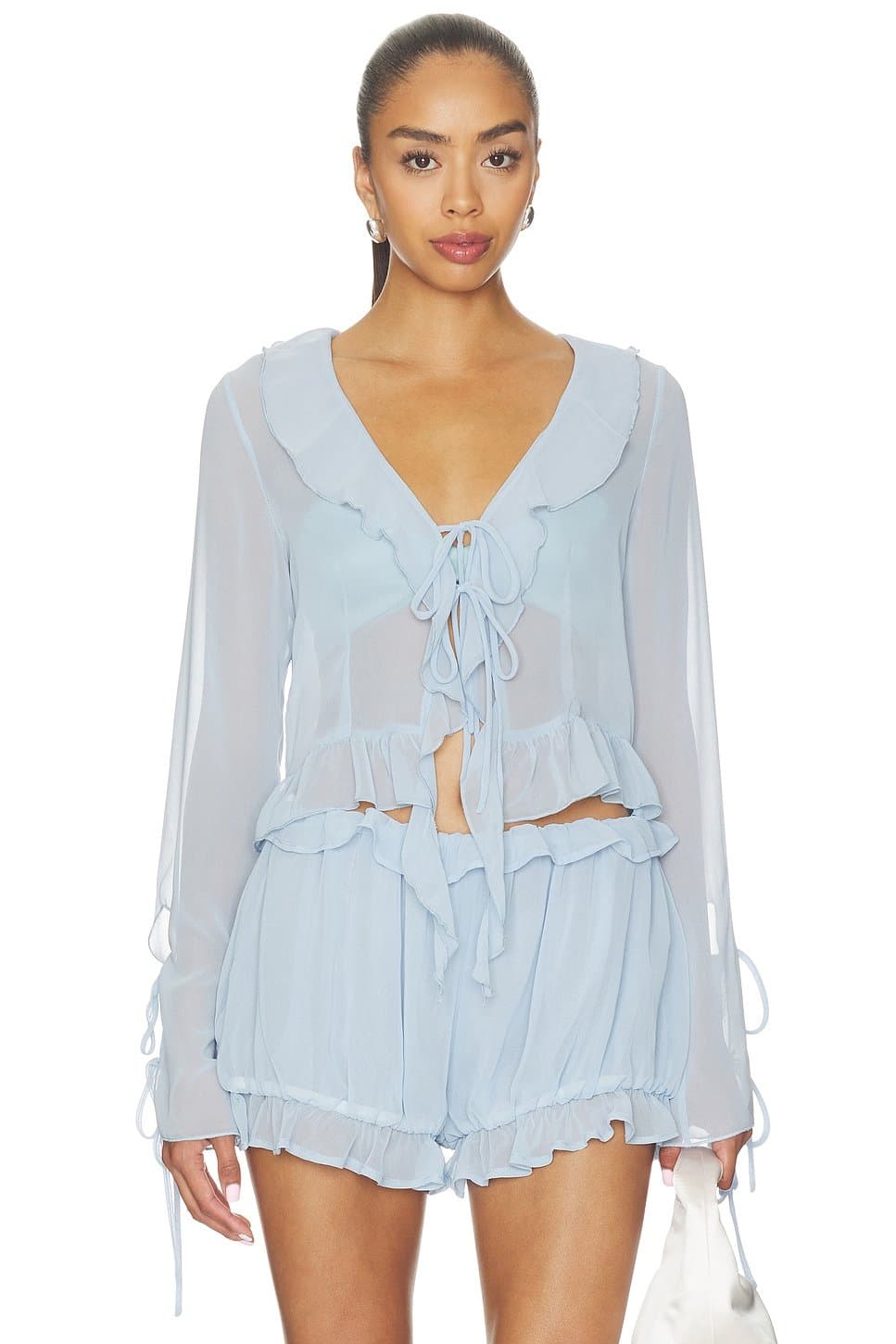 revolve Revolve Baby Blue Sheer Ruffle Long Sleeve Romper