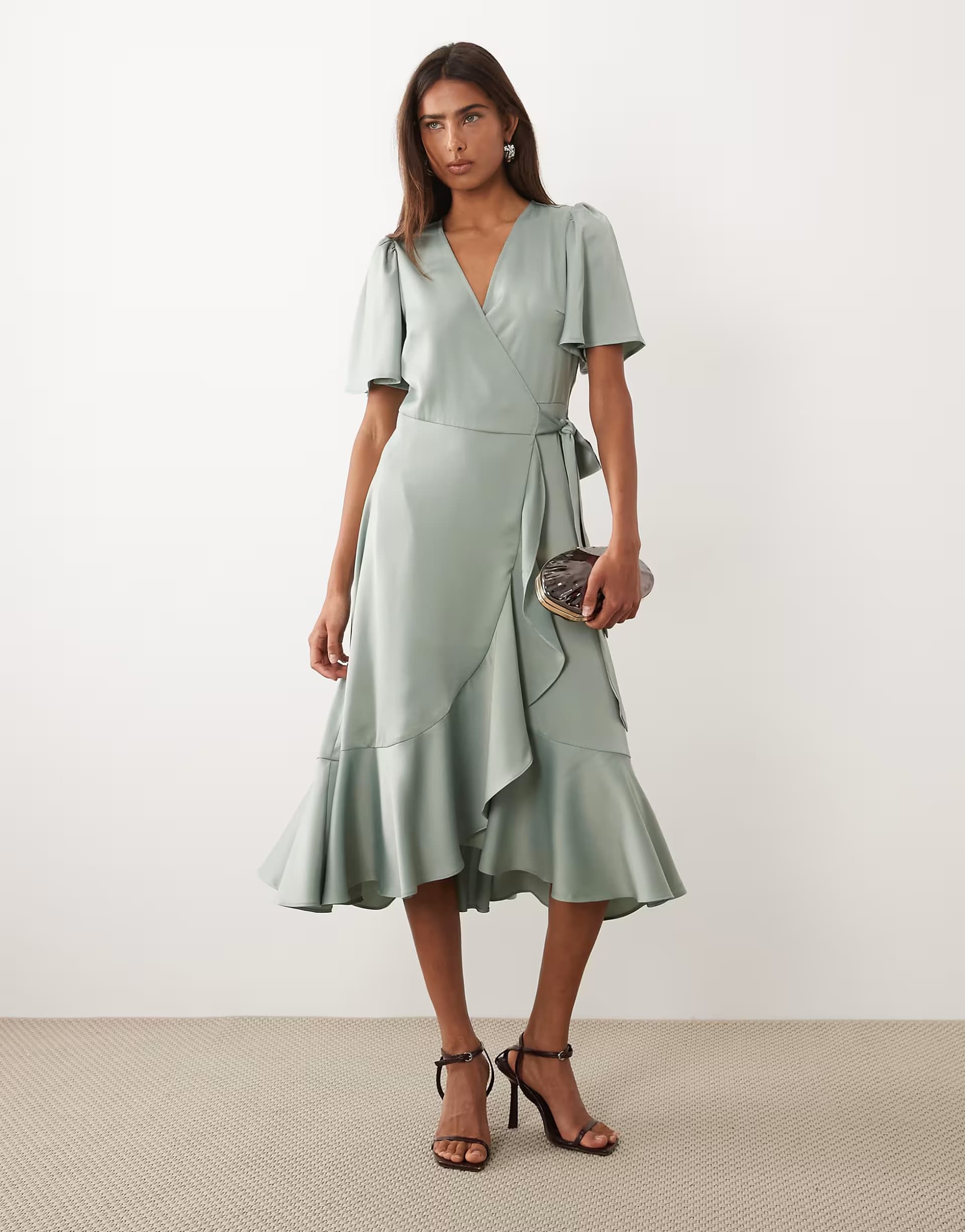 ASOS YAS satin wrap midi dress in sage green