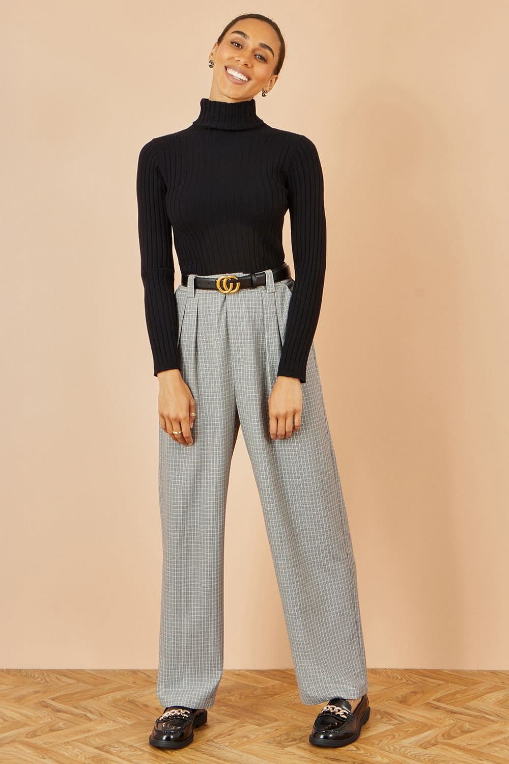 Yumi Yumi Women's Grey Check Wide Leg Trousers