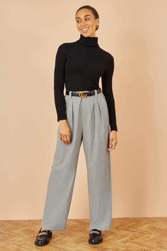 Yumi Yumi Women's Grey Check Wide Leg Trousers - 3