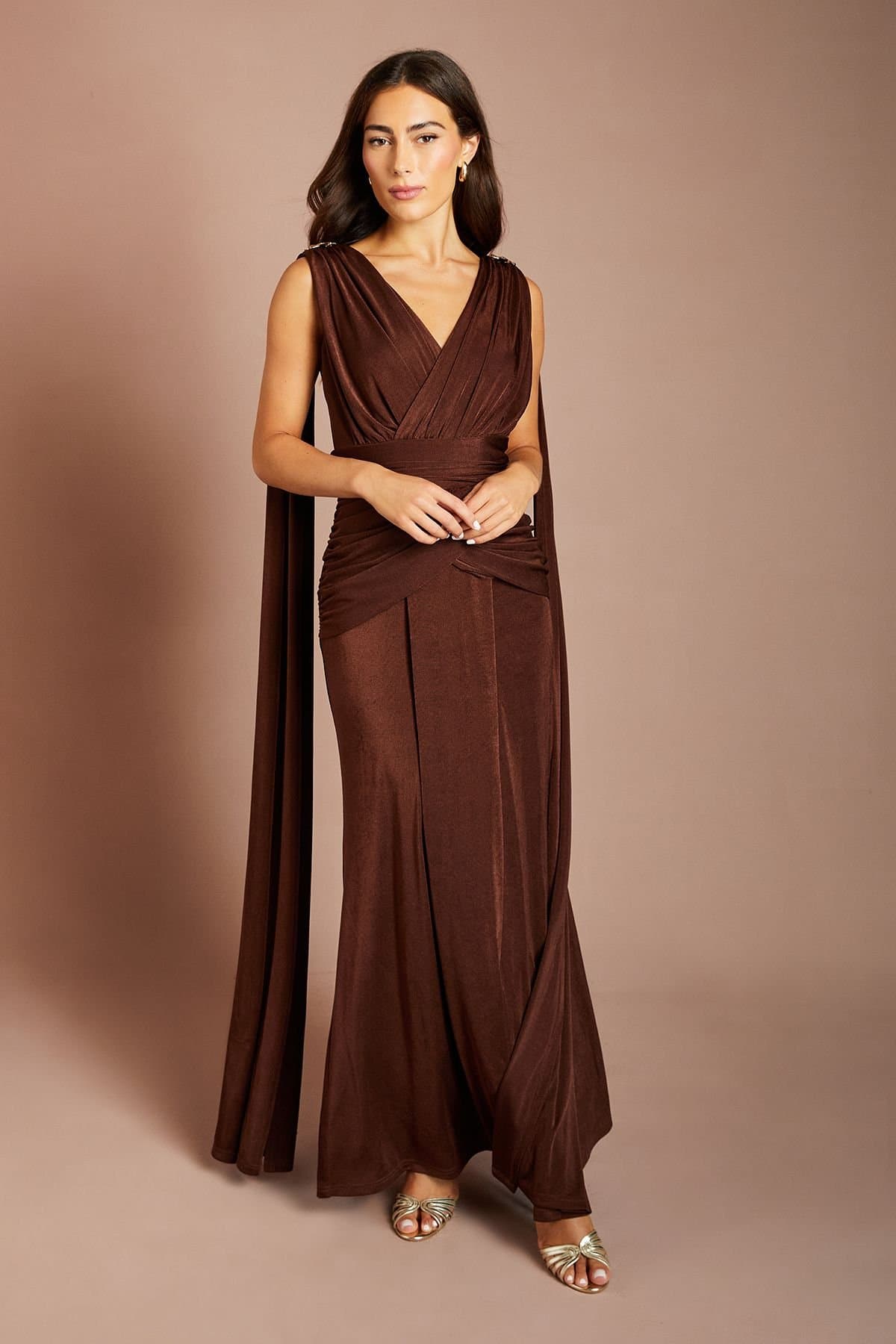 Coast Coast Women's Cape Sleeve Trim Detail Jersey Maxi Dress in Chocolate