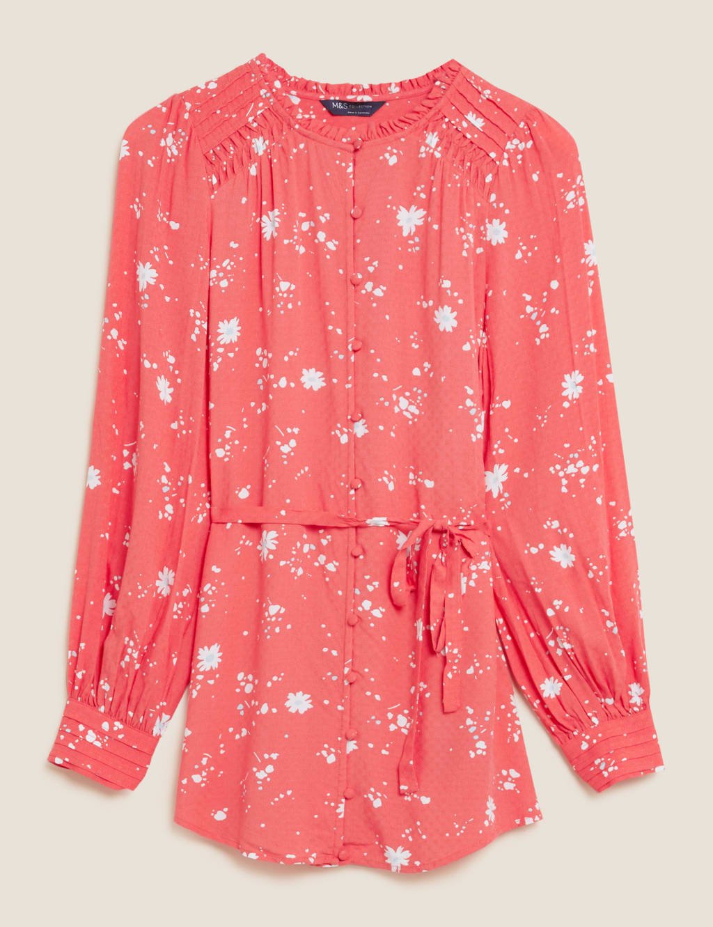 Marks & Spencer M&S Printed Tie Front Longline Blouse Coral Mix - 1