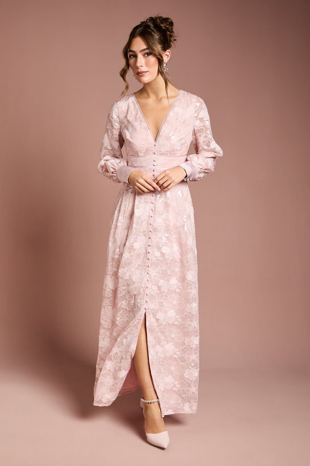 Coast Coast Women's Blouson Sleeve V Neck Sequin Floral Mesh Midaxi Dress in Blush