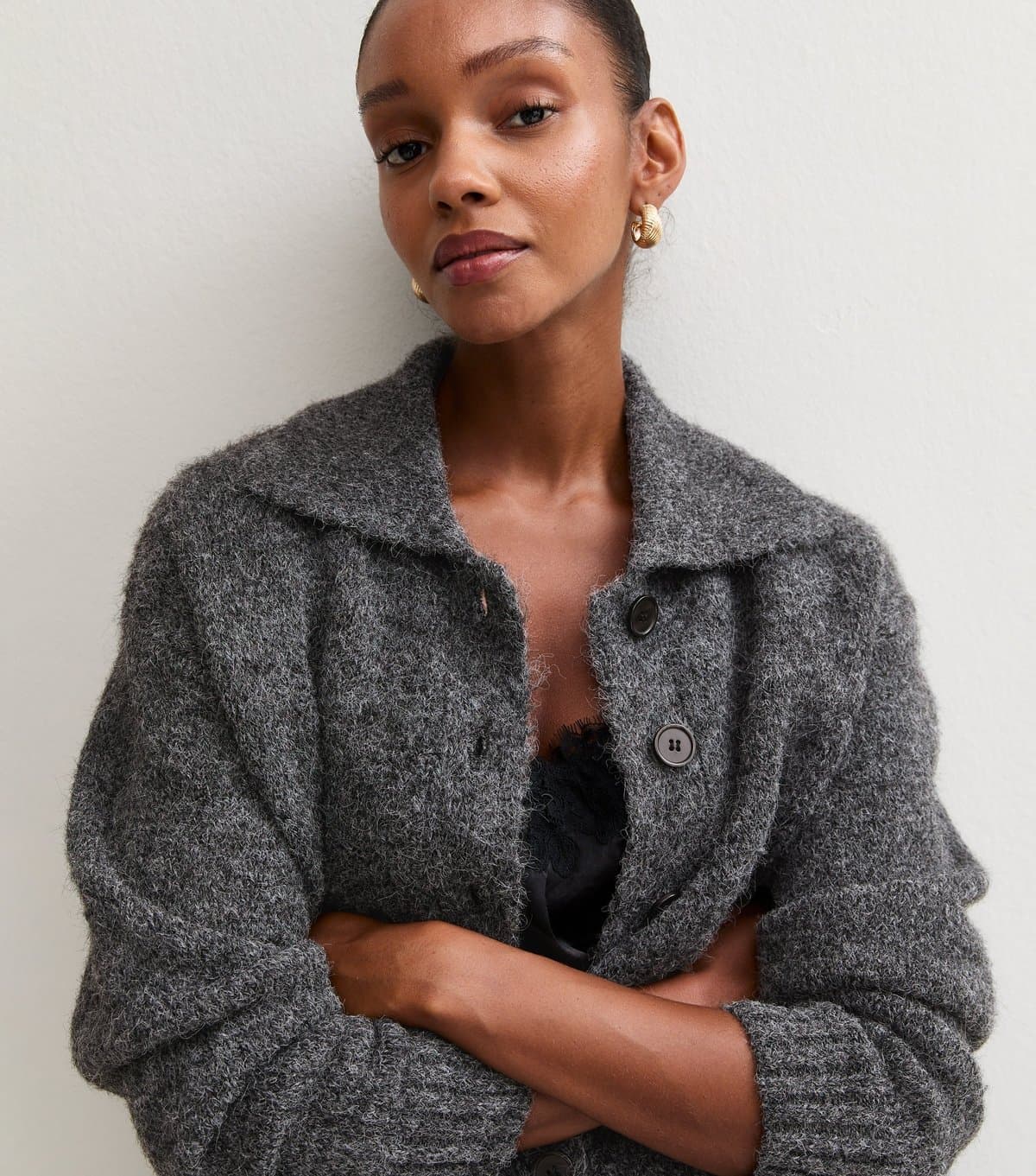 New Look Women's Dark Grey Knitted Collar Cardigan with Wool New Look