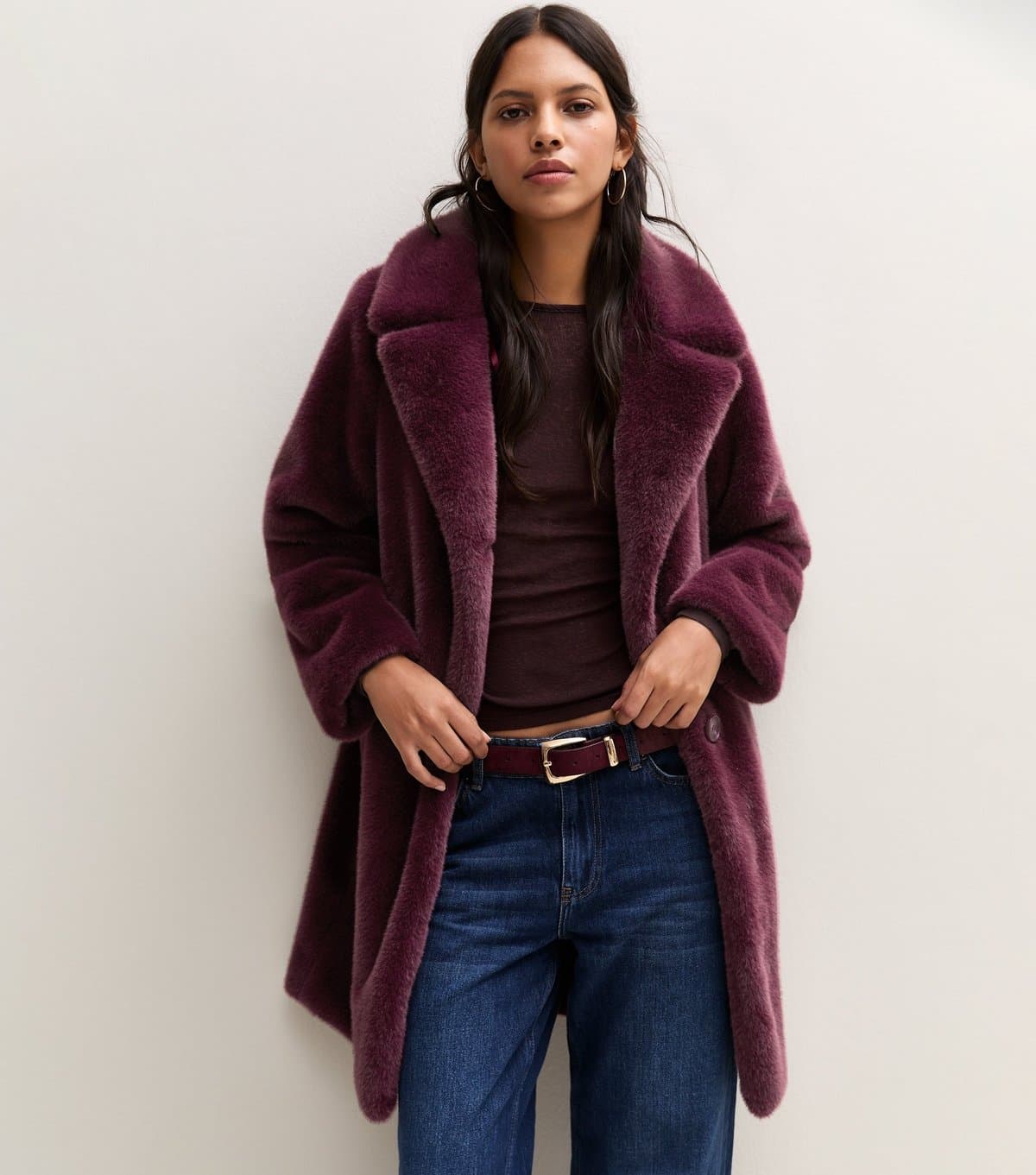 New Look Women's Dark Burgundy Faux Fur Midi Coat New Look