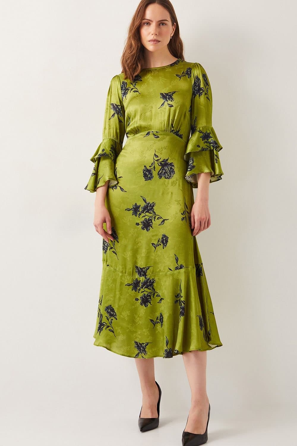 Monsoon Monsoon Women's Pelia Satin Ruffle Midi Dress Green in Light Green