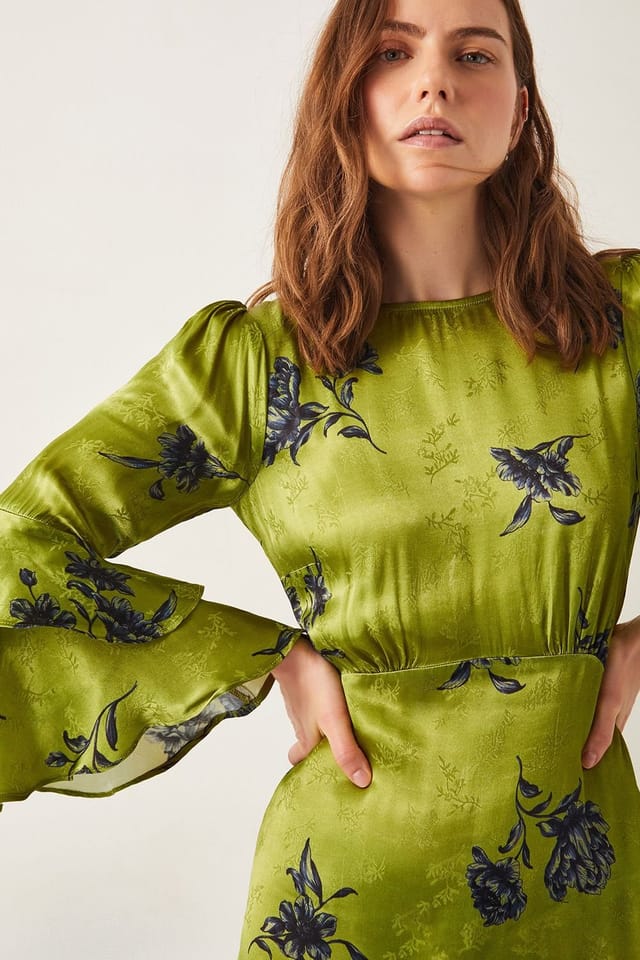 Monsoon Monsoon Women's Pelia Satin Ruffle Midi Dress Green in Light Green - 2