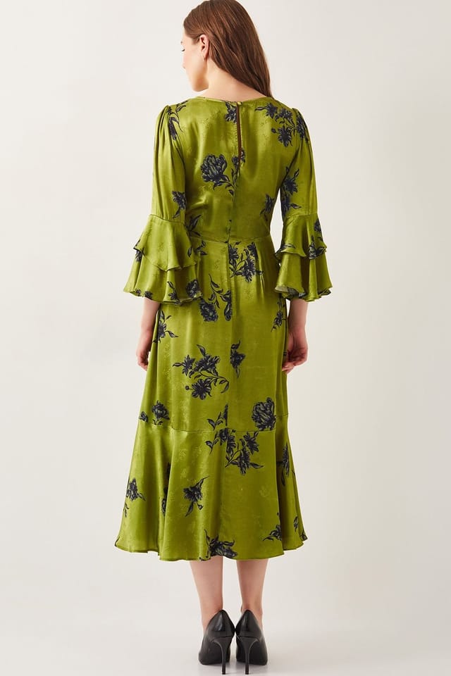 Monsoon Monsoon Women's Pelia Satin Ruffle Midi Dress Green in Light Green - 3