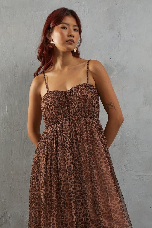 Warehouse Warehouse Women's Tulle Animal Print Strappy Bandeau Maxi Dress in Neutral - 2