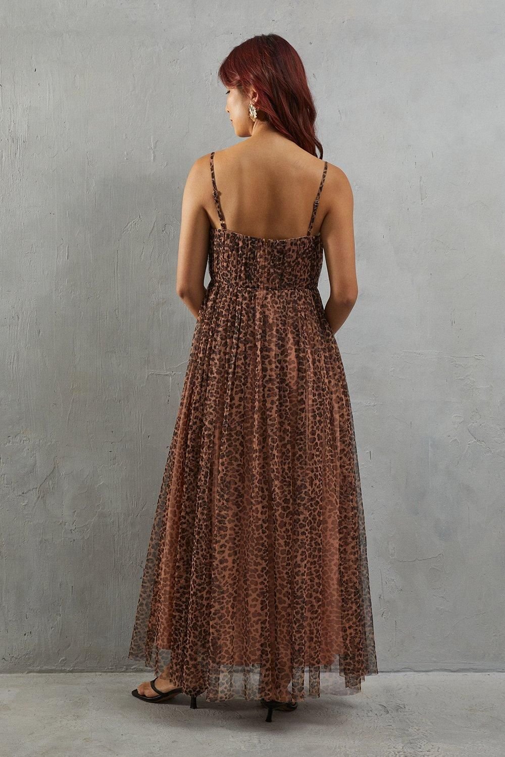 Warehouse Warehouse Women's Tulle Animal Print Strappy Bandeau Maxi Dress in Neutral - 3