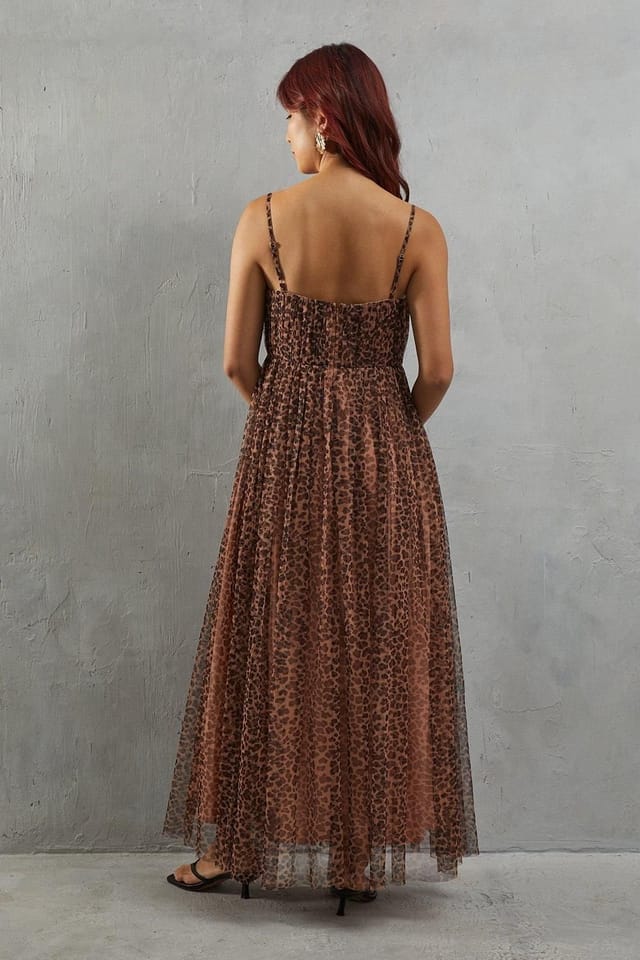Warehouse Warehouse Women's Tulle Animal Print Strappy Bandeau Maxi Dress in Neutral - 3