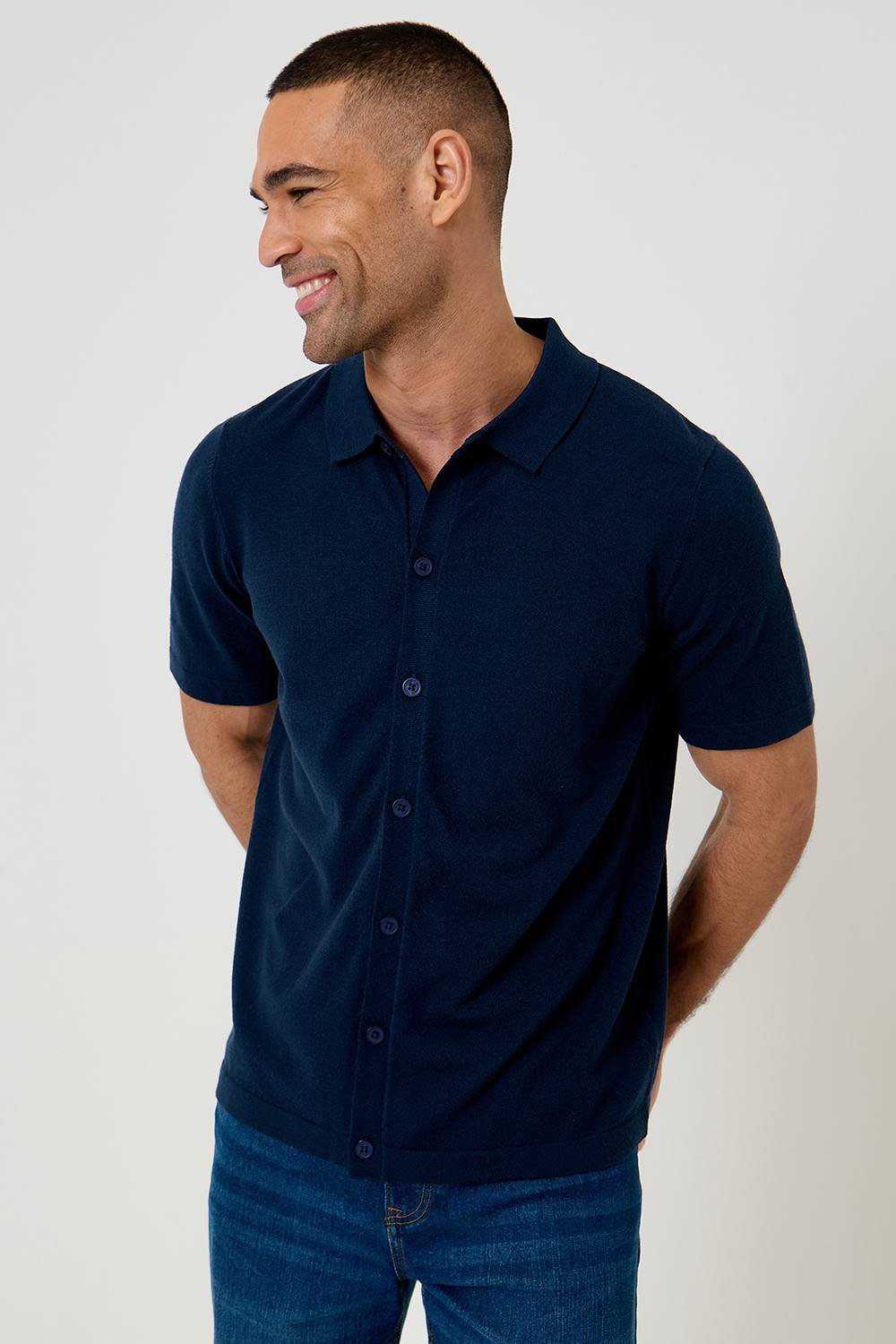 Threadbare Threadbare Men's Knitted Short Sleeve Shirt in Navy - 4