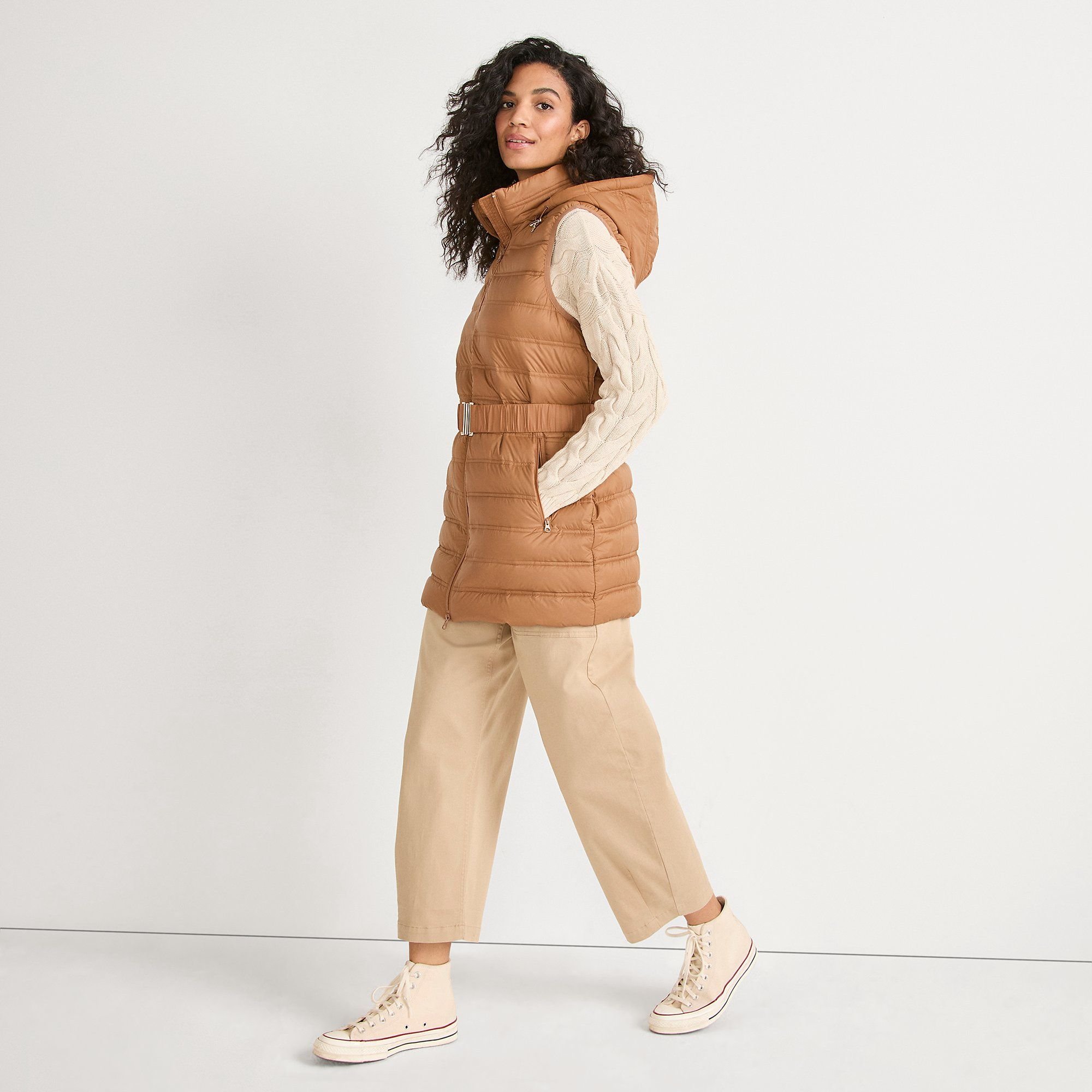 lands end Lands' End Women's Wanderweight Down Ultralight Packable Belted Gilet in Light Brown - 2