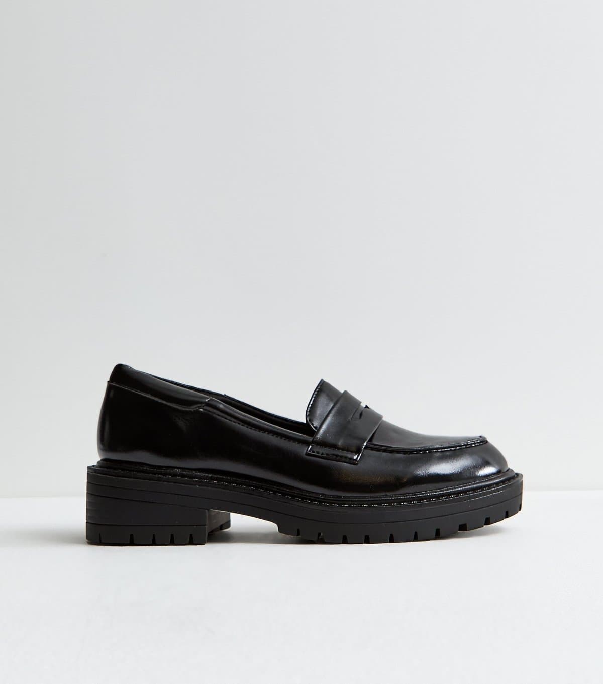 New Look Women's Black Shiny Faux Leather Chunky Loafers Vegan New Look
