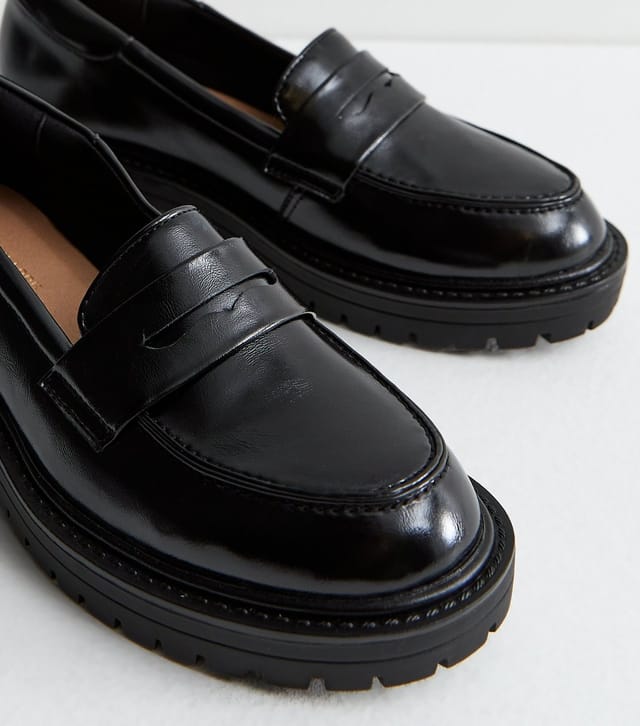 New Look Women's Black Shiny Faux Leather Chunky Loafers Vegan New Look - 3