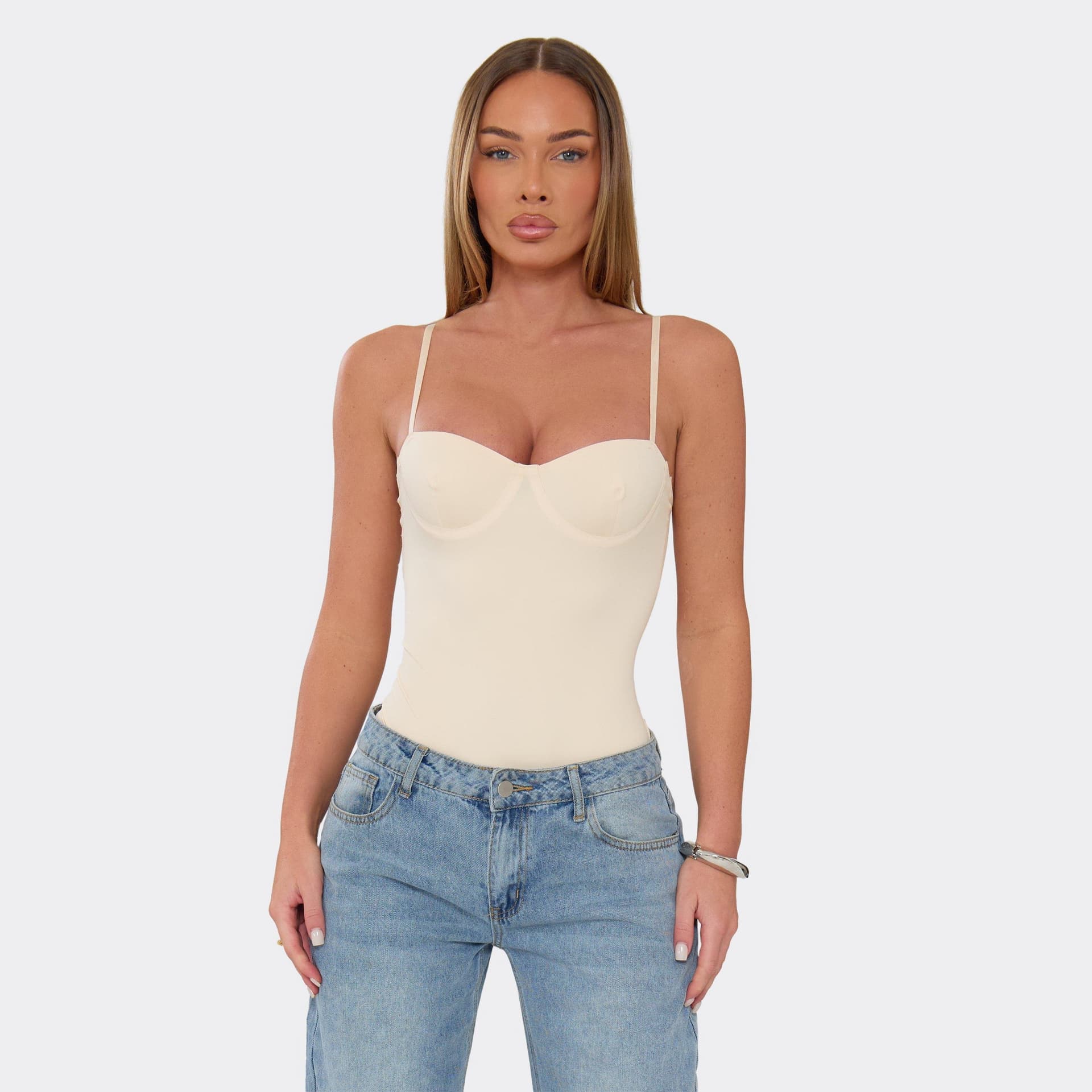 EGO Strappy Cup Detail Bodysuit In Nude, Women's Size UK L/XL