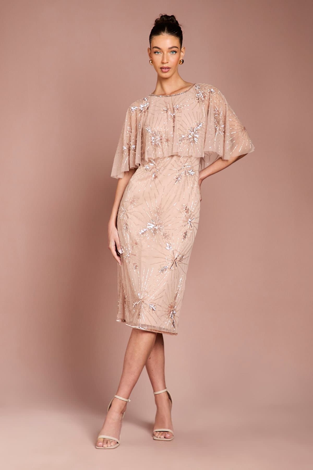 Coast Coast Women's Floral Embellished Cape Midi Dress in Blush