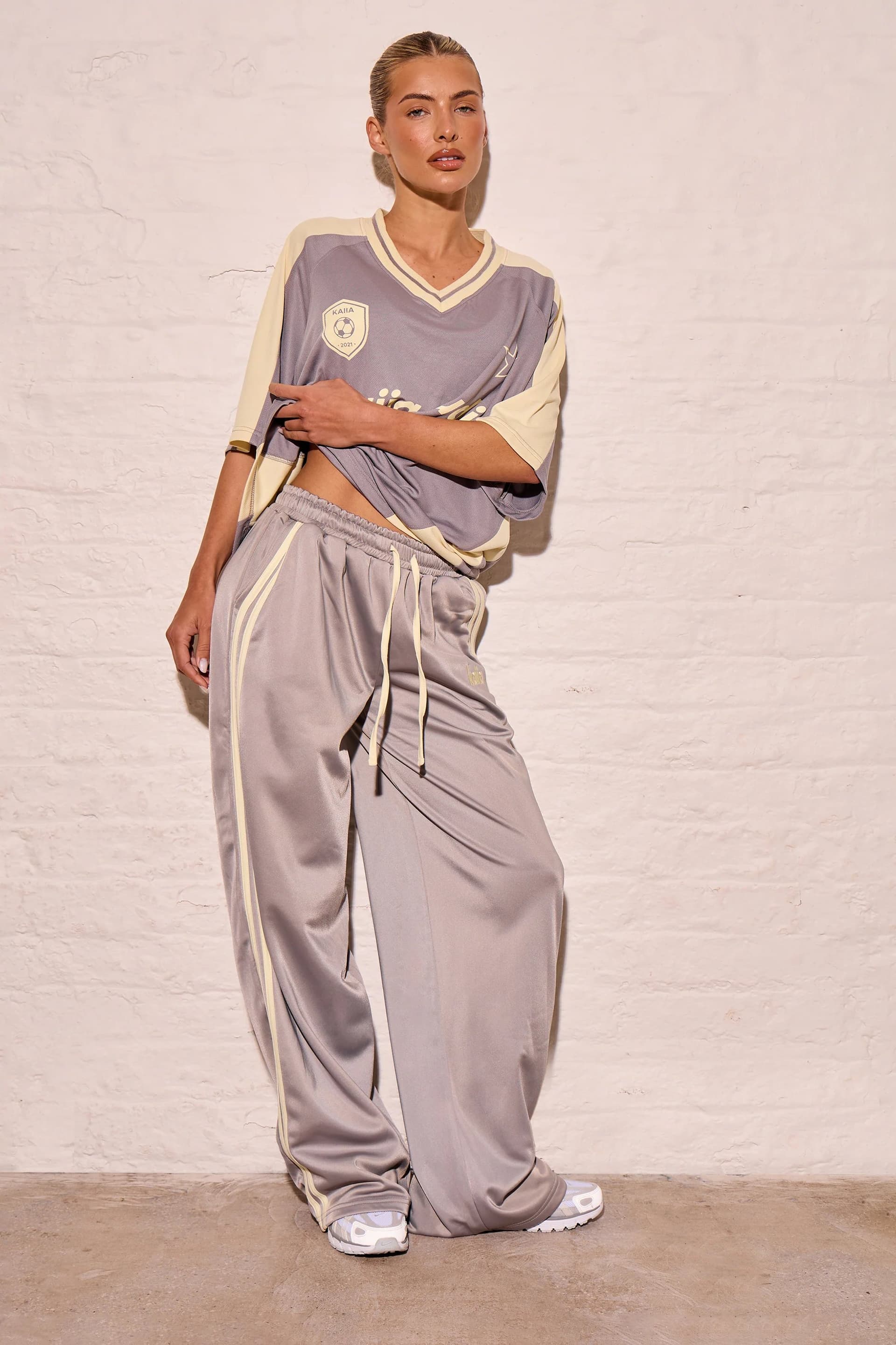 Kaiia Kaiia Embroidered Tricot Joggers Mist Grey & Lemon