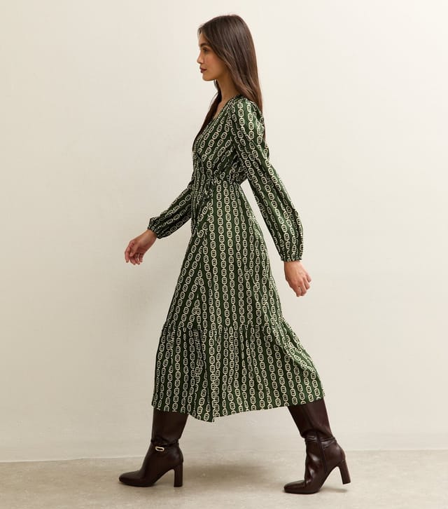 New Look Women's Green Pattern Print Tiered Hem Midi Dress New Look - 3