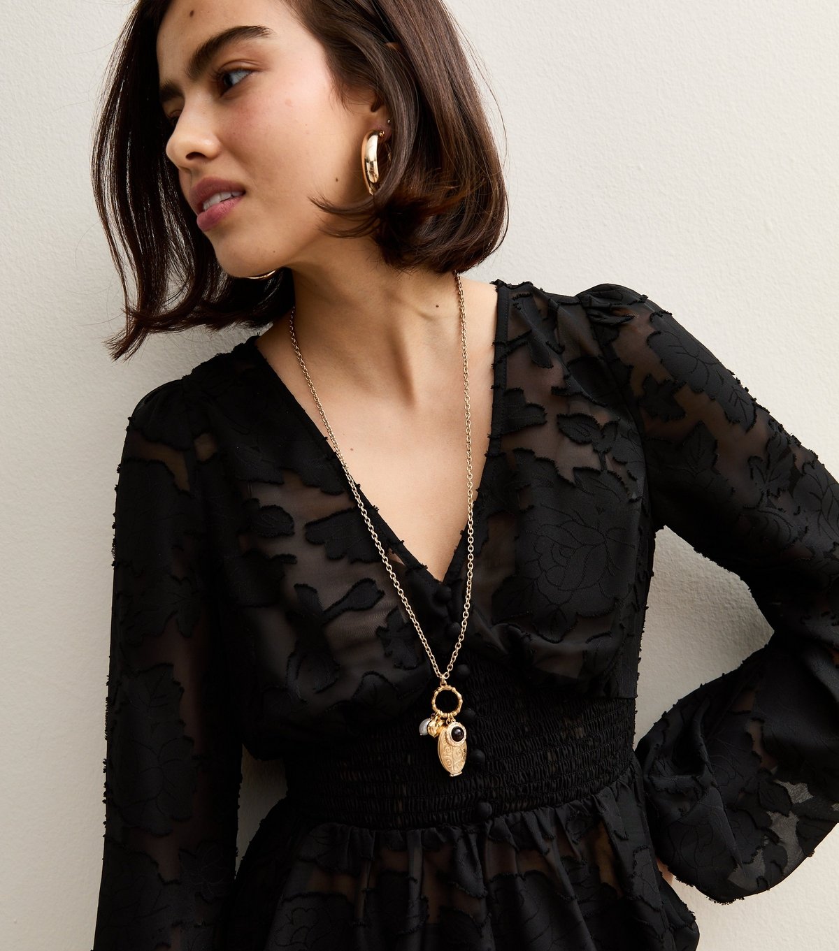 New Look Women's Black Floral Jacquard Buttoned Long Sleeve Blouse New Look - 3