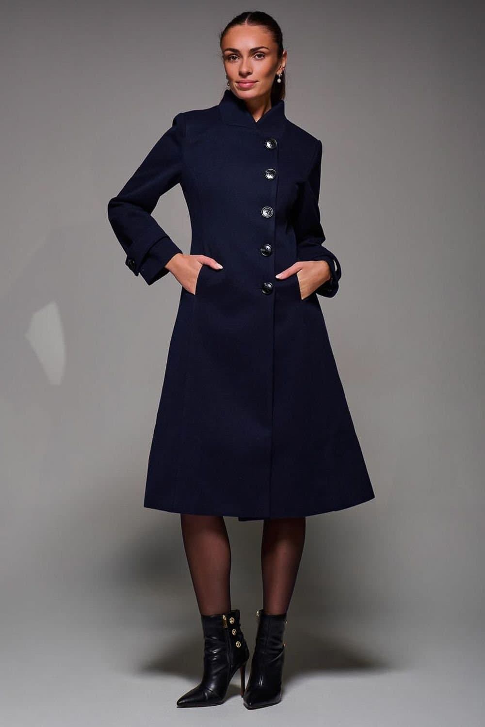Jolie Moi Jolie Moi Women's Asymmetric Button Detail Fit & Flare Coat in Navy