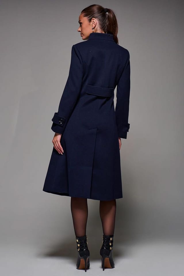Jolie Moi Jolie Moi Women's Asymmetric Button Detail Fit & Flare Coat in Navy - 2