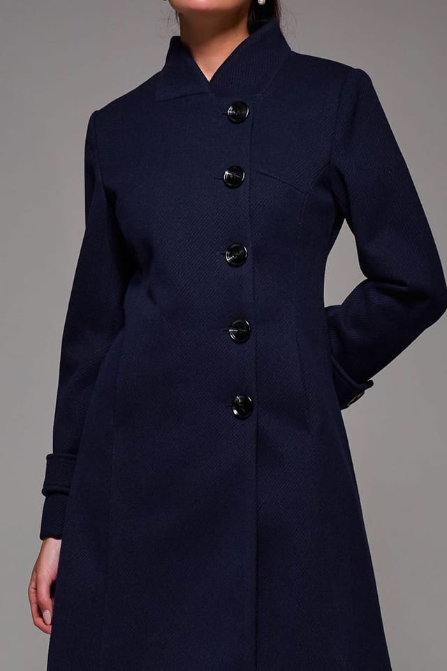 Jolie Moi Jolie Moi Women's Asymmetric Button Detail Fit & Flare Coat in Navy - 3