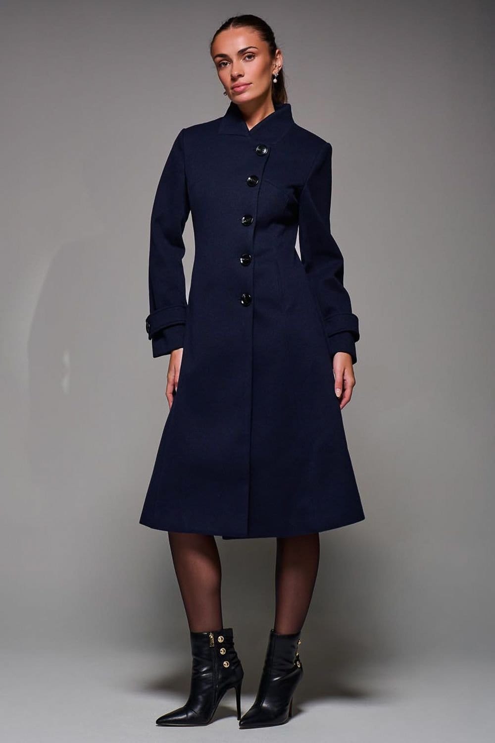 Jolie Moi Jolie Moi Women's Asymmetric Button Detail Fit & Flare Coat in Navy - 4