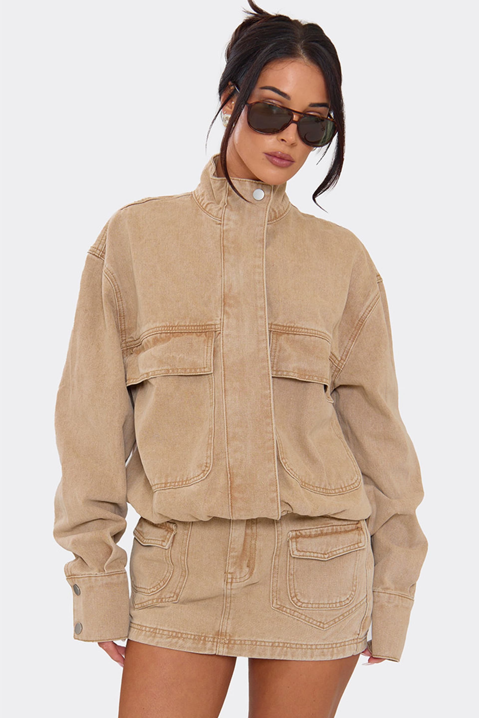 EGO EGO Women's Long Sleeve Pocket Detail Denim Jacket in Stone