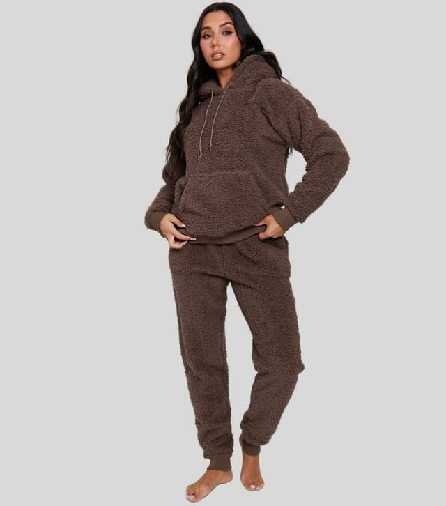 Loungeable Women's Brown Borg Hoodie And Jogger Lounge Set Loungeable New Look - 2