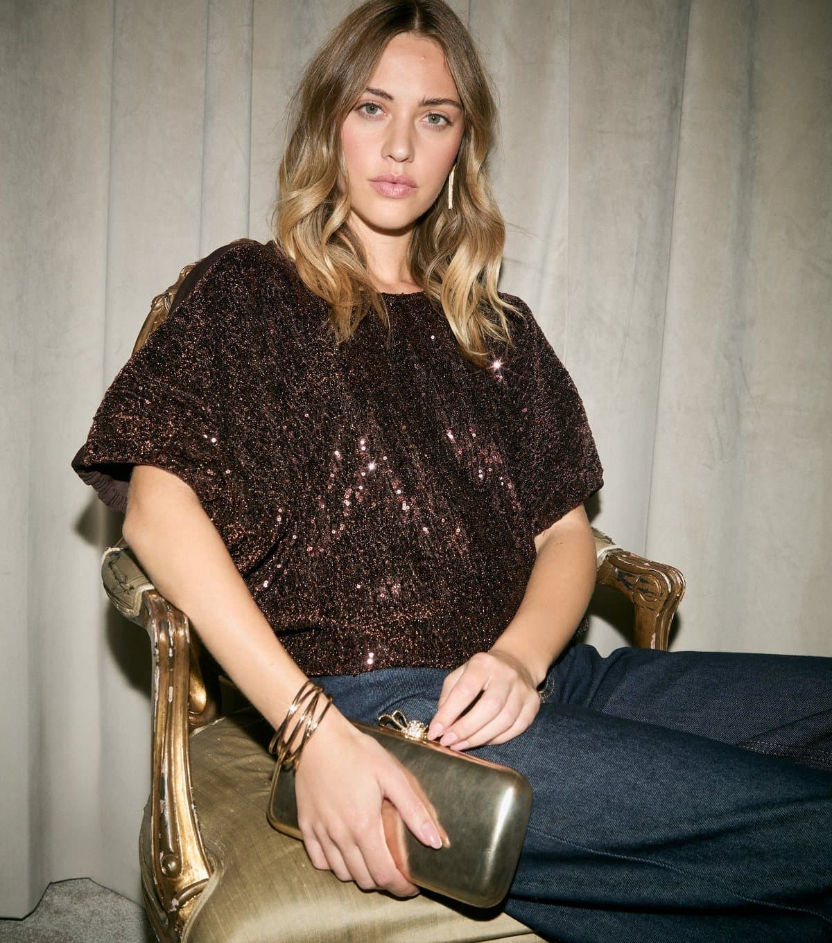 New Look Women's Bronze Bubble Hem Sequin Top New Look