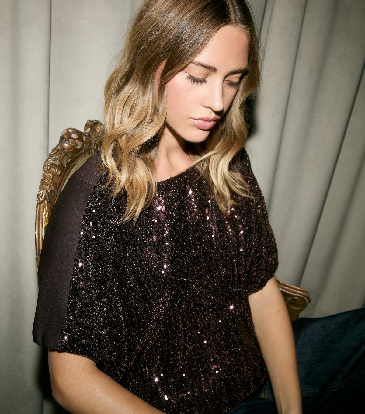 New Look Women's Bronze Bubble Hem Sequin Top New Look - 3