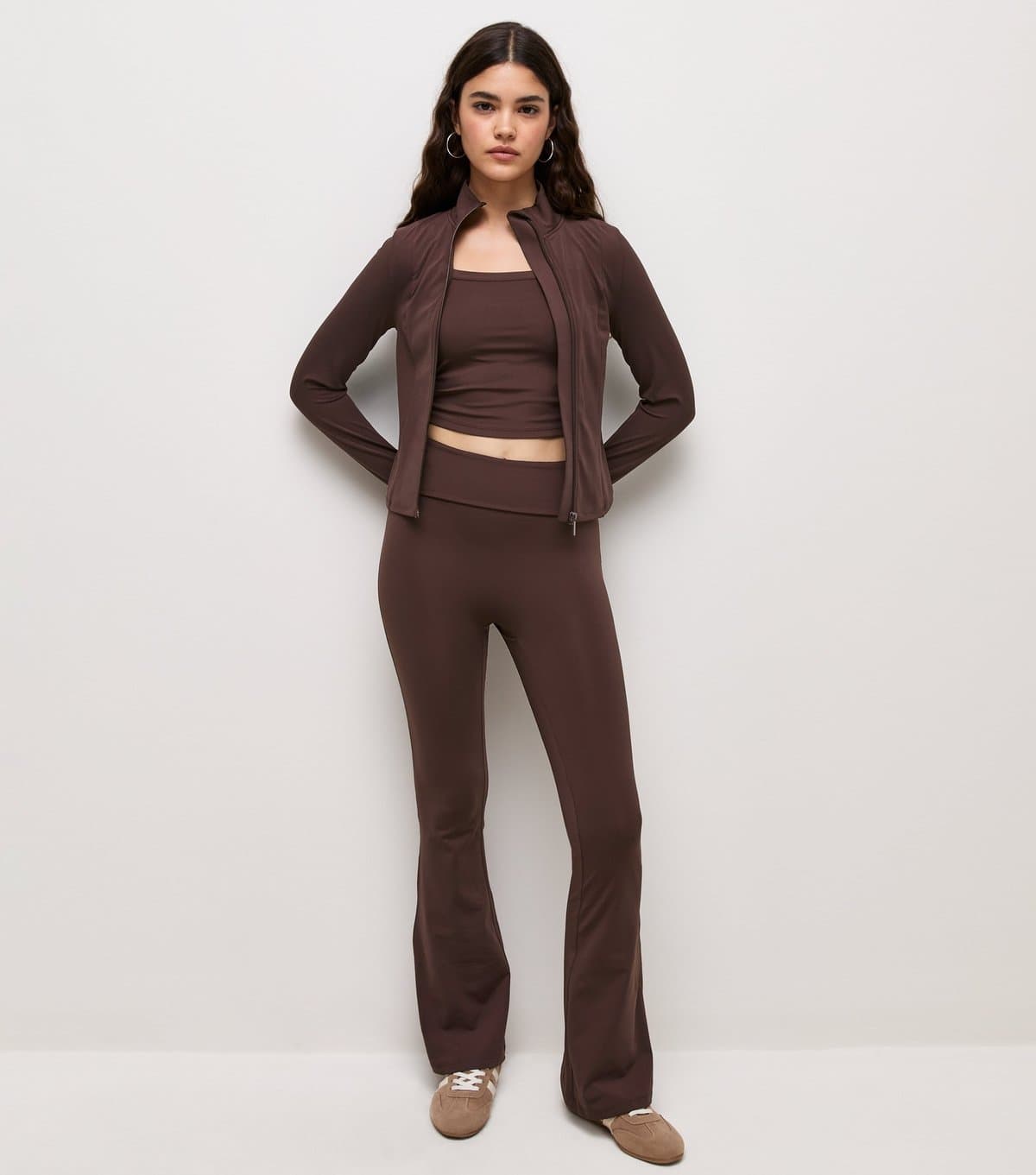 New Look Women's Premium Dark Brown Athletic Foldover Waistband Flared Leggings New Look
