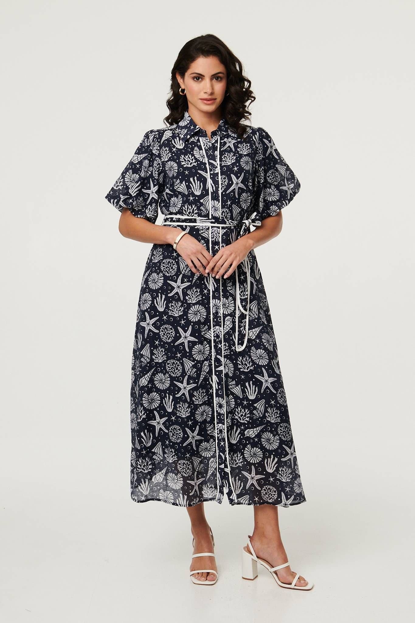 Izabel London Izabel London Women's Tropical Print Puff Sleeve Midi Dress in Navy