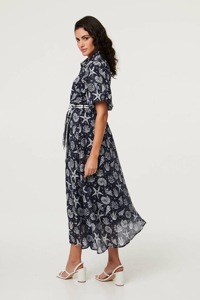 Izabel London Izabel London Women's Tropical Print Puff Sleeve Midi Dress in Navy - 2