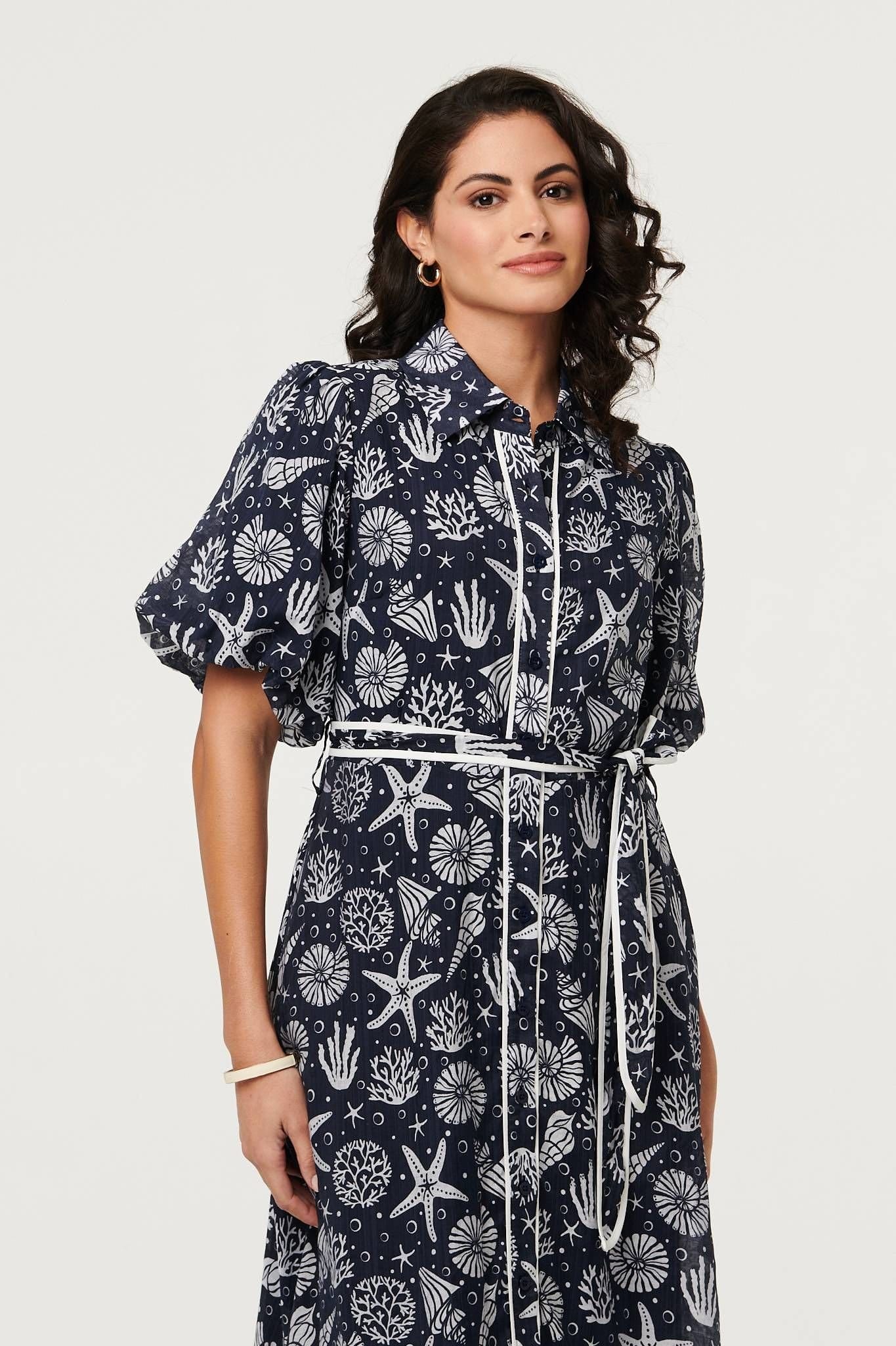 Izabel London Izabel London Women's Tropical Print Puff Sleeve Midi Dress in Navy - 4