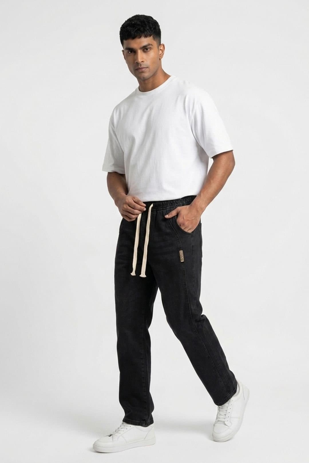 Big Dart Big Dart Men's Relaxed Fit Denim Pants with Drawstring Waist in Black