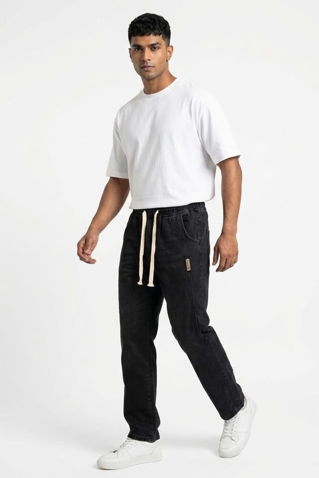 Big Dart Big Dart Men's Relaxed Fit Denim Pants with Drawstring Waist in Black - 2
