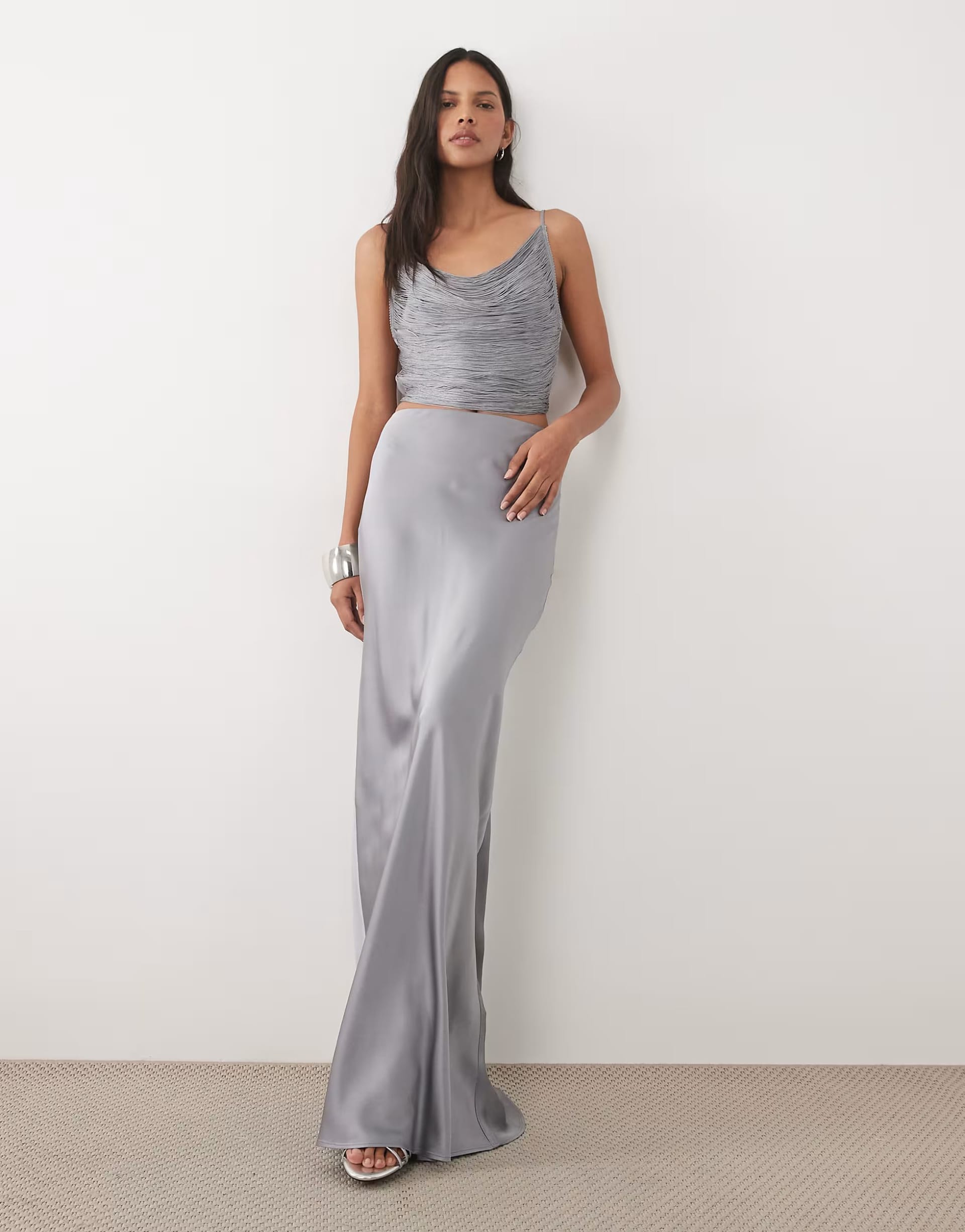 ASOS Silver Satin Maxi Skirt Co-ord