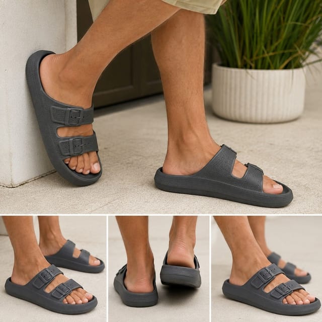 LARANGE LARANGE Matte Twin Buckle Men's Comfort Pillow Slider Grey - 2