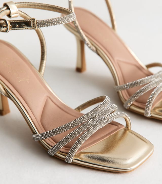 New Look Women's Gold Diamanté Embellished Stiletto Sandals Vegan New Look - 3