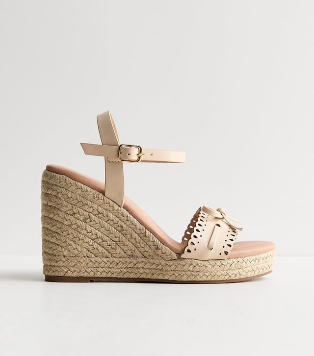 New Look Women's Off White Faux Leather Threaded Bow Wedge Sandals Vegan New Look - 3