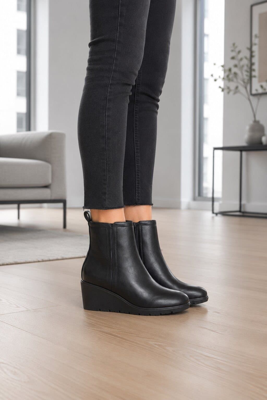 Truffle Collection Truffle Collection Women's Zip Ankle Boots Black Polyurethane Round Toe Wedge Heel Shoes
