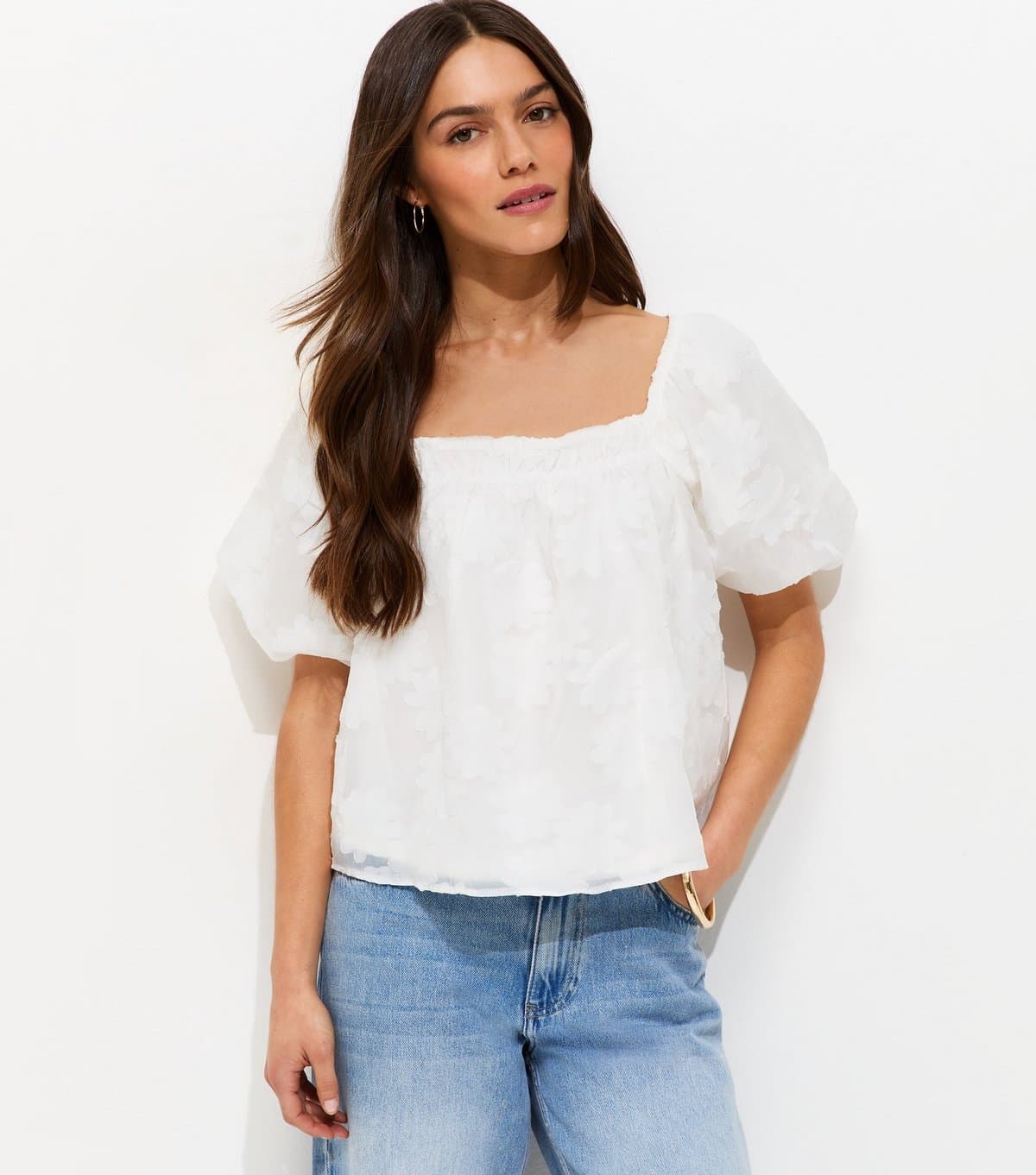 New Look Women's Petite White Floral Jacquard Square Neck Puff Sleeve Blouse New Look