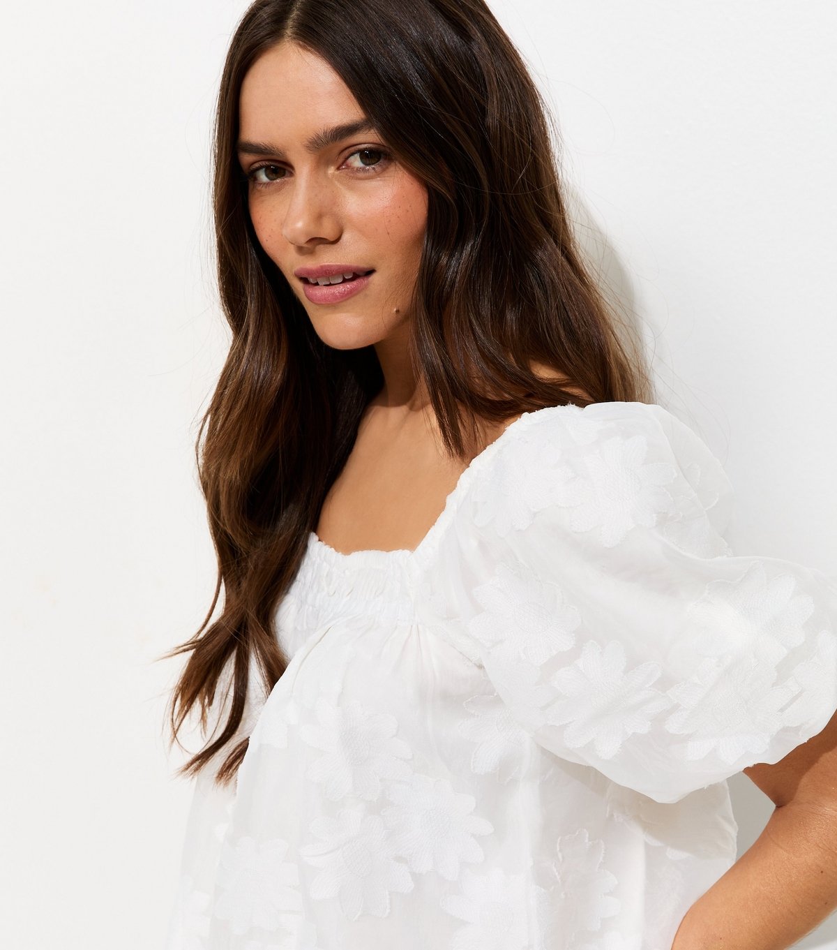 New Look Women's Petite White Floral Jacquard Square Neck Puff Sleeve Blouse New Look - 2