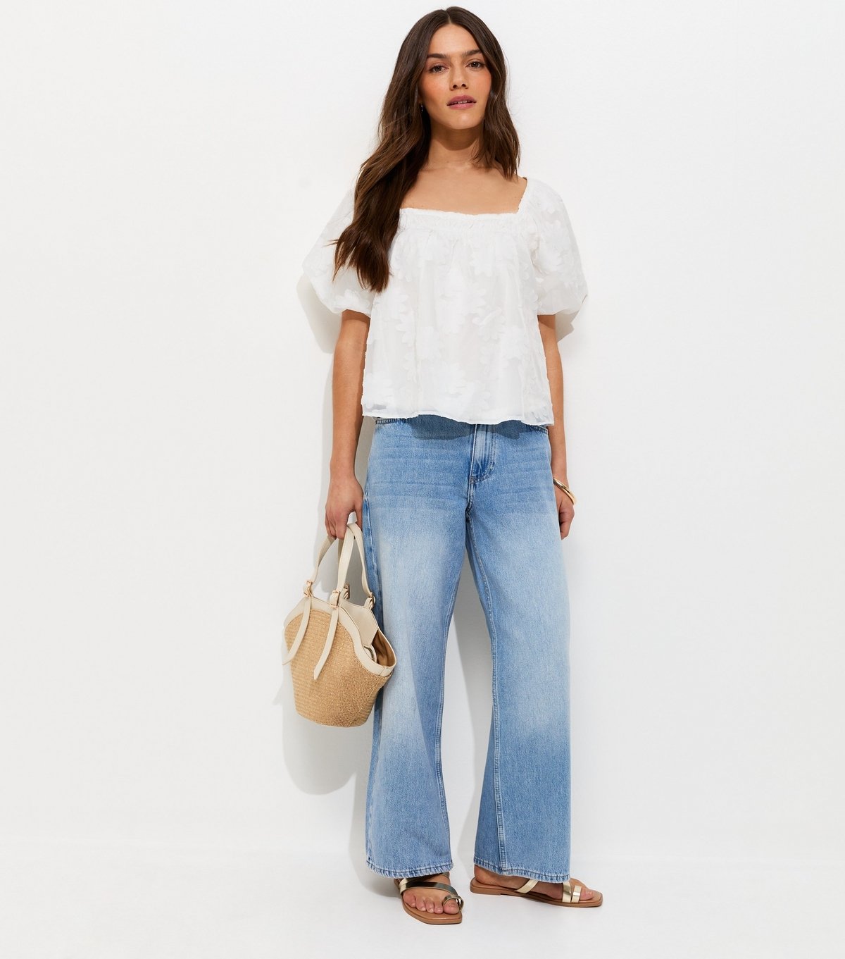 New Look Women's Petite White Floral Jacquard Square Neck Puff Sleeve Blouse New Look - 3