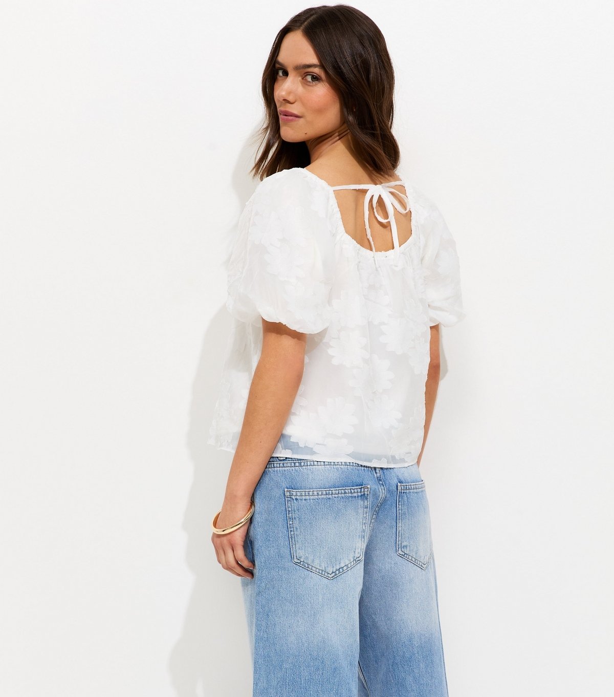 New Look Women's Petite White Floral Jacquard Square Neck Puff Sleeve Blouse New Look - 4